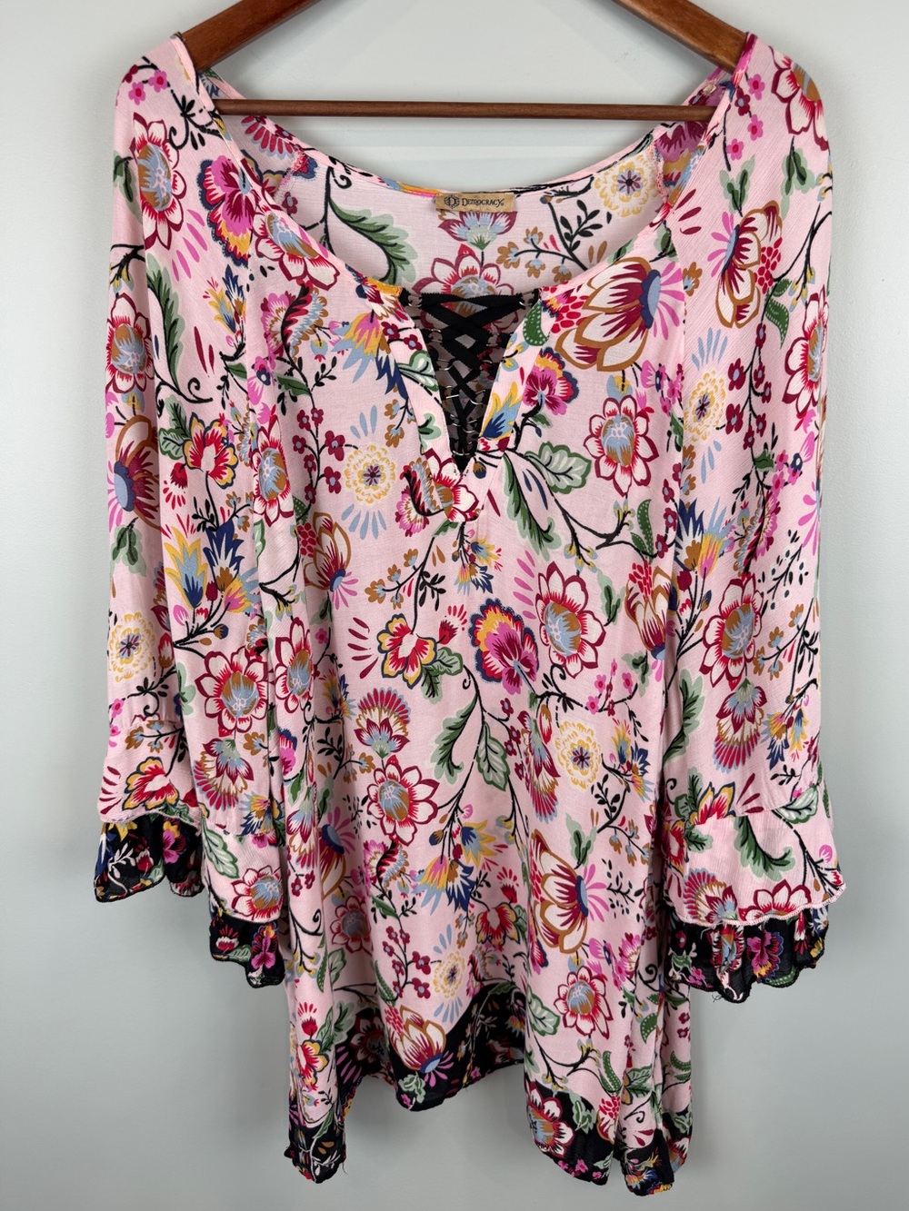 Democracy Floral boho Lace-Up Relaxed fit flowy Top size 2X
